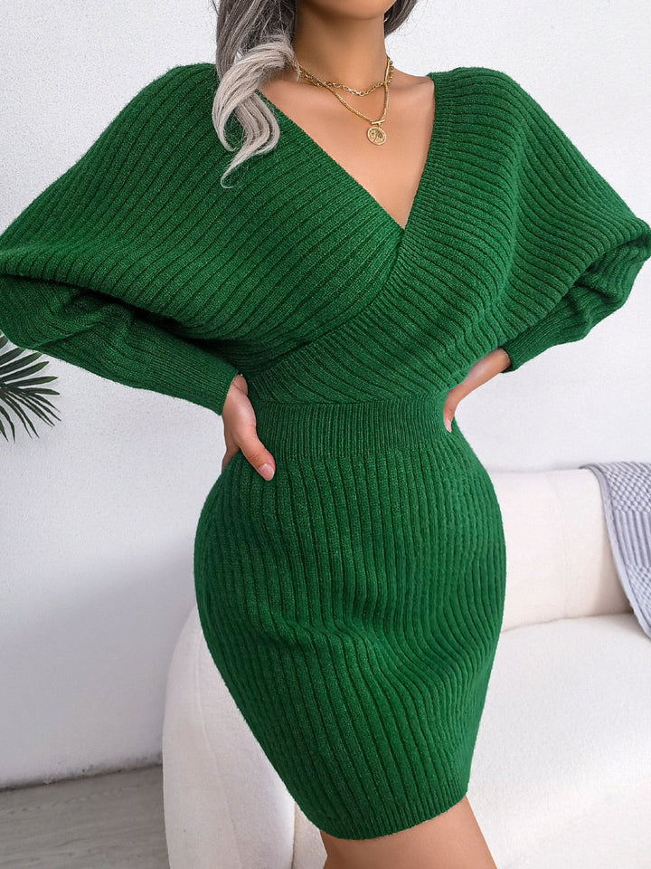 Hochwertiges Sommer Strickkleid | Langarm V-Ausschnitt Freizeitkleidung