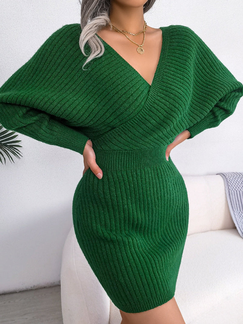 Hochwertiges Sommer Strickkleid | Langarm V-Ausschnitt Freizeitkleidung