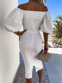 Elegante Kokerjurk met Pofmouwen | Slim Fit Feestjurk met Splitzoom