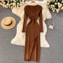 Herbst-Winter Hoher Schlitz Pullover Enges Elastisches Bodycon-Kleid | Langarm-Party-Kleid