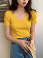 Sommer V-Ausschnitt Geripptes Slim Fit T-Shirt | Kurzarm Strickpullover