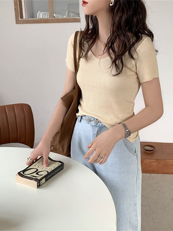 Zomer V-Hals Geribd Slim Fit T-Shirt | Korte Mouw Gebreide Pullover