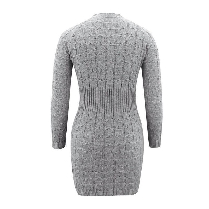 Gestricktes Kleid mit gedrehtem Muster und Taillenband | Herbst Winter Alltagskleidung