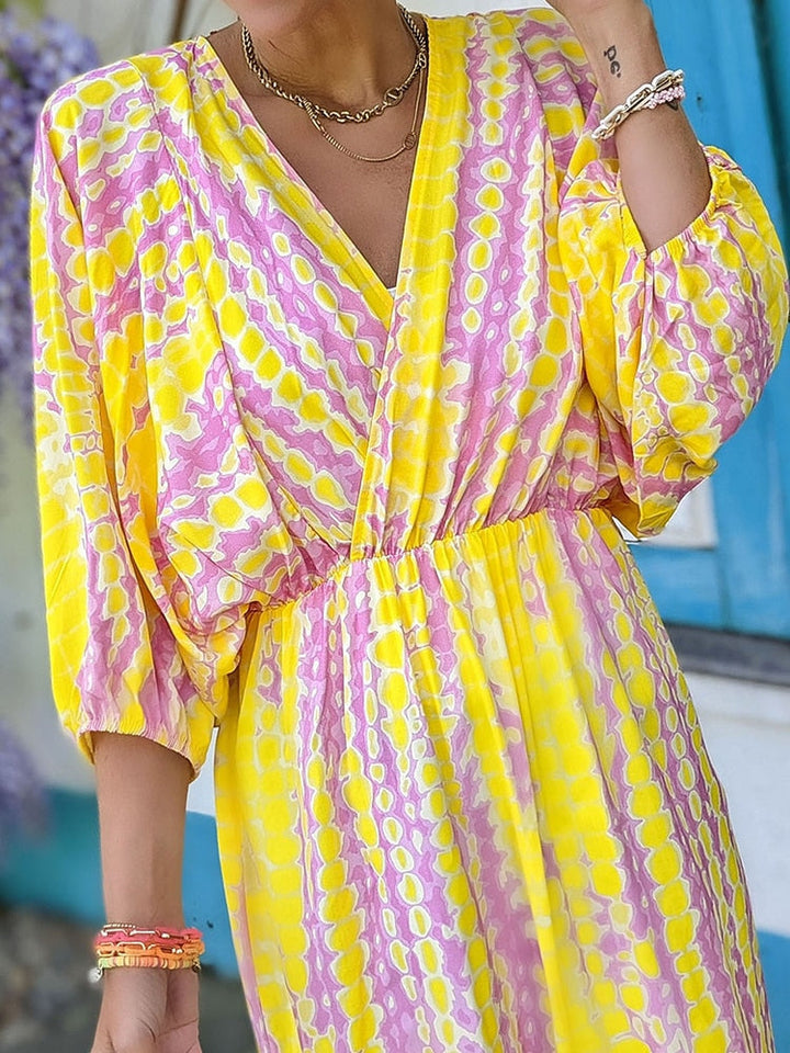 Geometrischer Print Boho Puffärmel V-Ausschnitt Kleid | Strandurlaub Kleidung