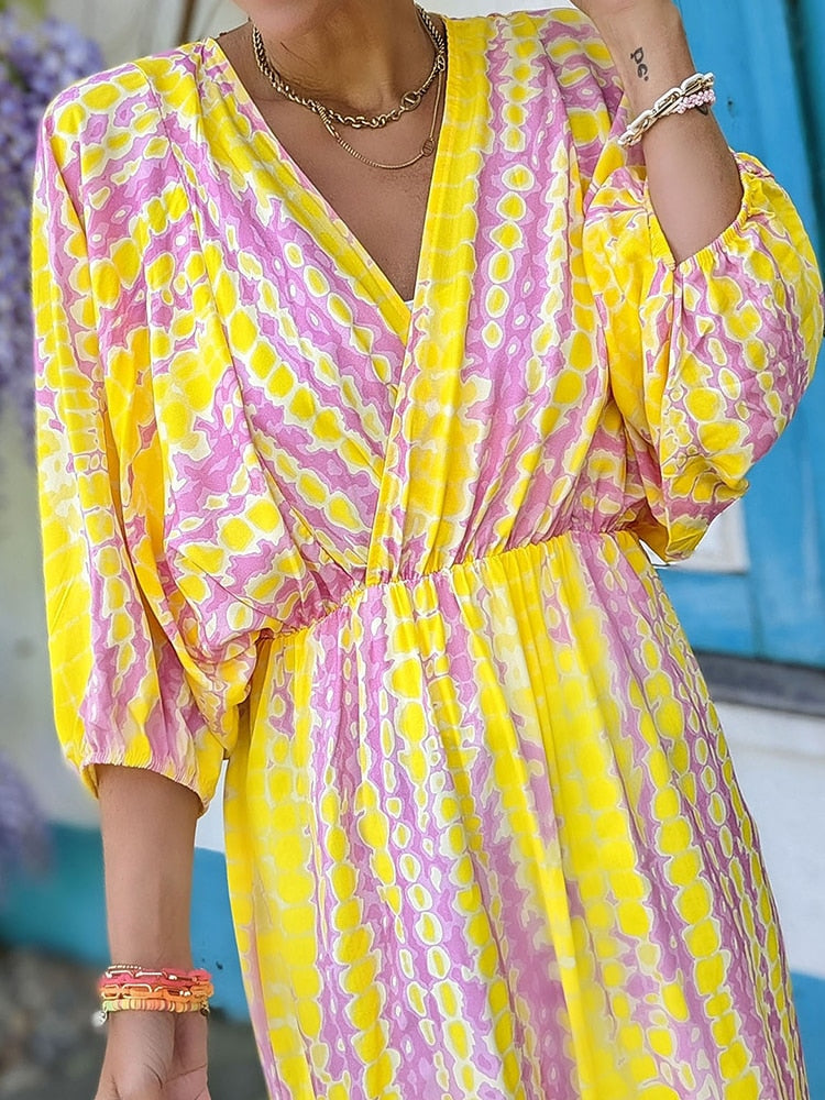 Geometrischer Print Boho Puffärmel V-Ausschnitt Kleid | Strandurlaub Kleidung