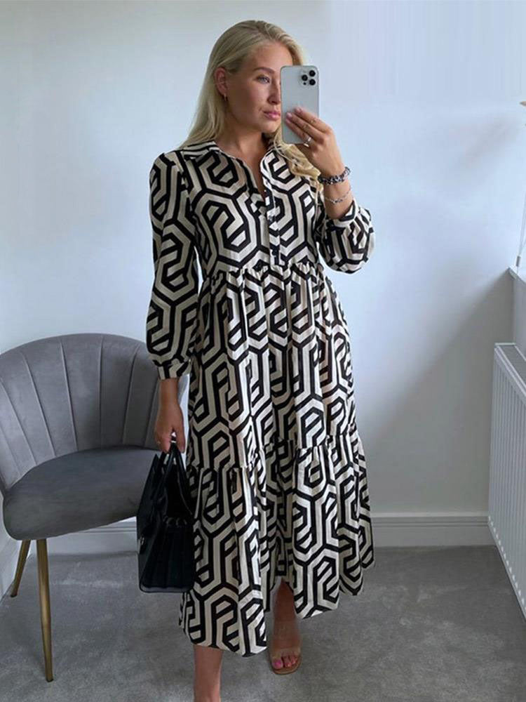 Geometrisch bedrucktes Hemdblusenkleid mit langen Ärmeln | Lässiges A-Linien-Party-Kleid