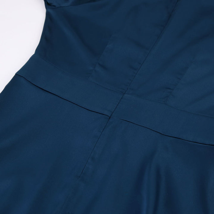 Elegante Marineblauwe Jurk met Lantaarnmouwen en Split in Satijn | Hoge Taille A-Lijn Feest Midi Mode