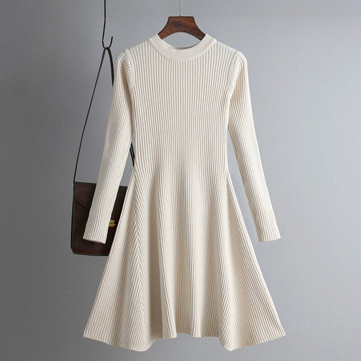 Chic O-Neck Long Sleeve Sweater Dress | Dikke Gebreide Mini Outfit