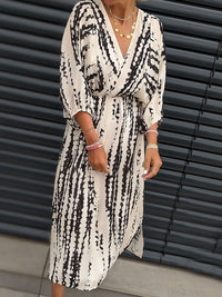 Geometrischer Print Boho Puffärmel V-Ausschnitt Kleid | Strandurlaub Kleidung