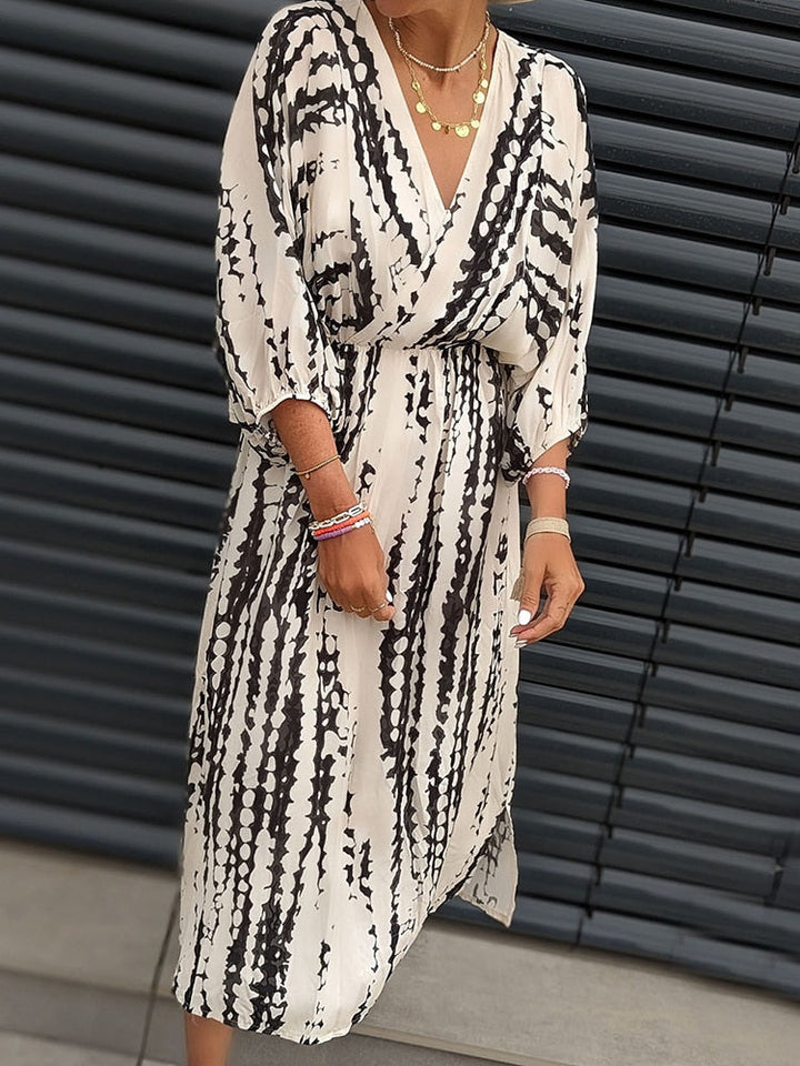 Geometrischer Print Boho Puffärmel V-Ausschnitt Kleid | Strandurlaub Kleidung