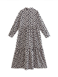 Geometrisch bedrucktes Hemdblusenkleid mit langen Ärmeln | Lässiges A-Linien-Party-Kleid