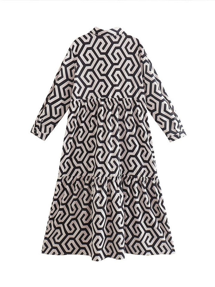 Geometrisch bedrucktes Hemdblusenkleid mit langen Ärmeln | Lässiges A-Linien-Party-Kleid