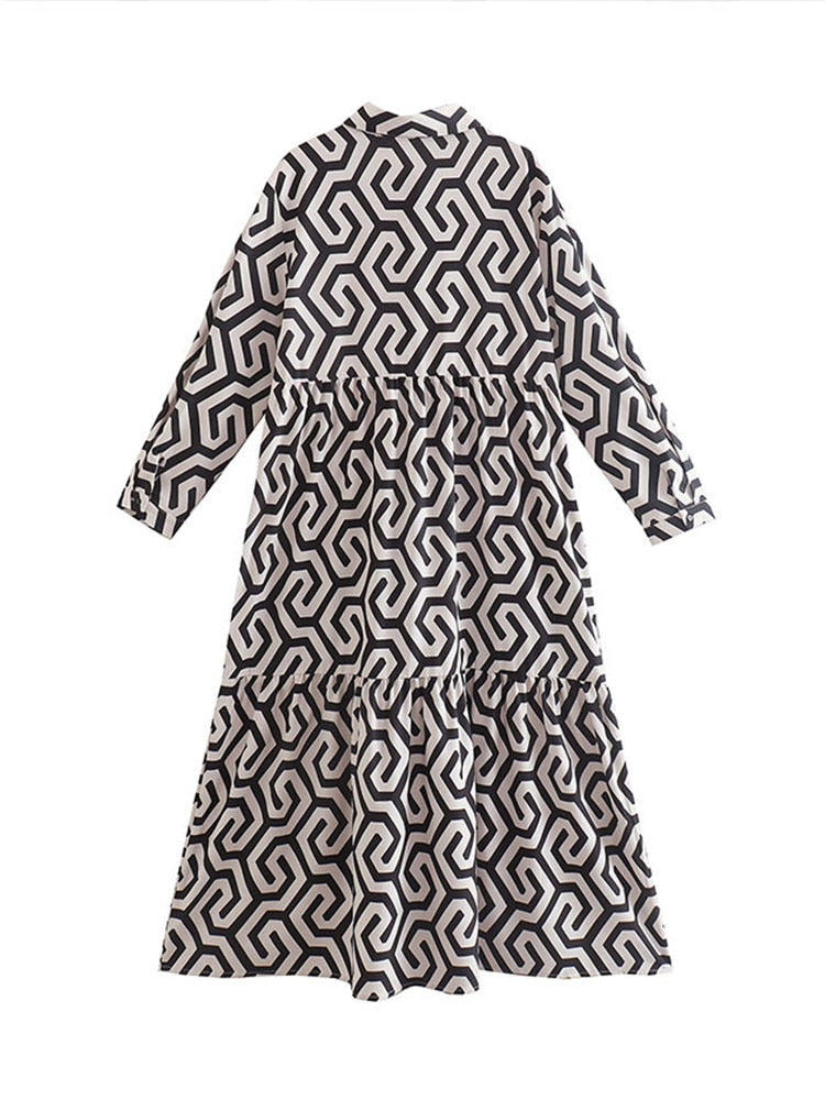 Geometrisch bedrucktes Hemdblusenkleid mit langen Ärmeln | Lässiges A-Linien-Party-Kleid