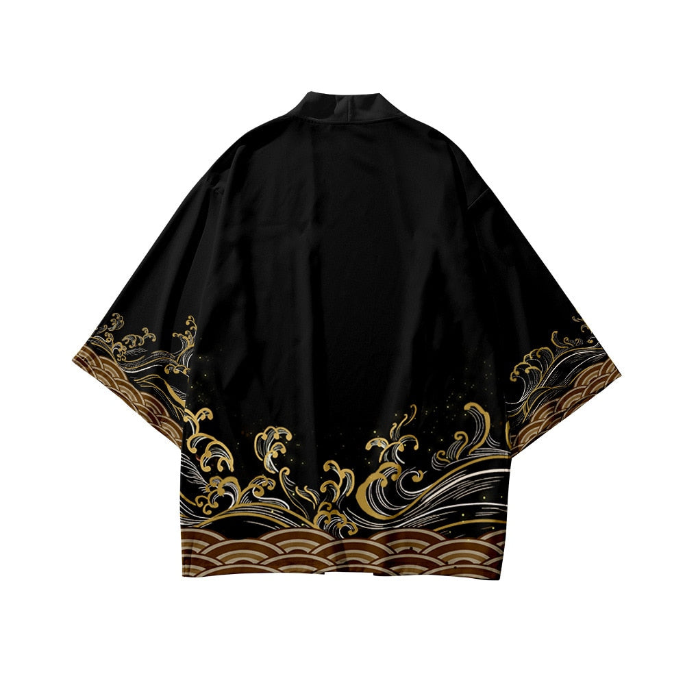 Japanese Wave Carp Print Coat Traditional