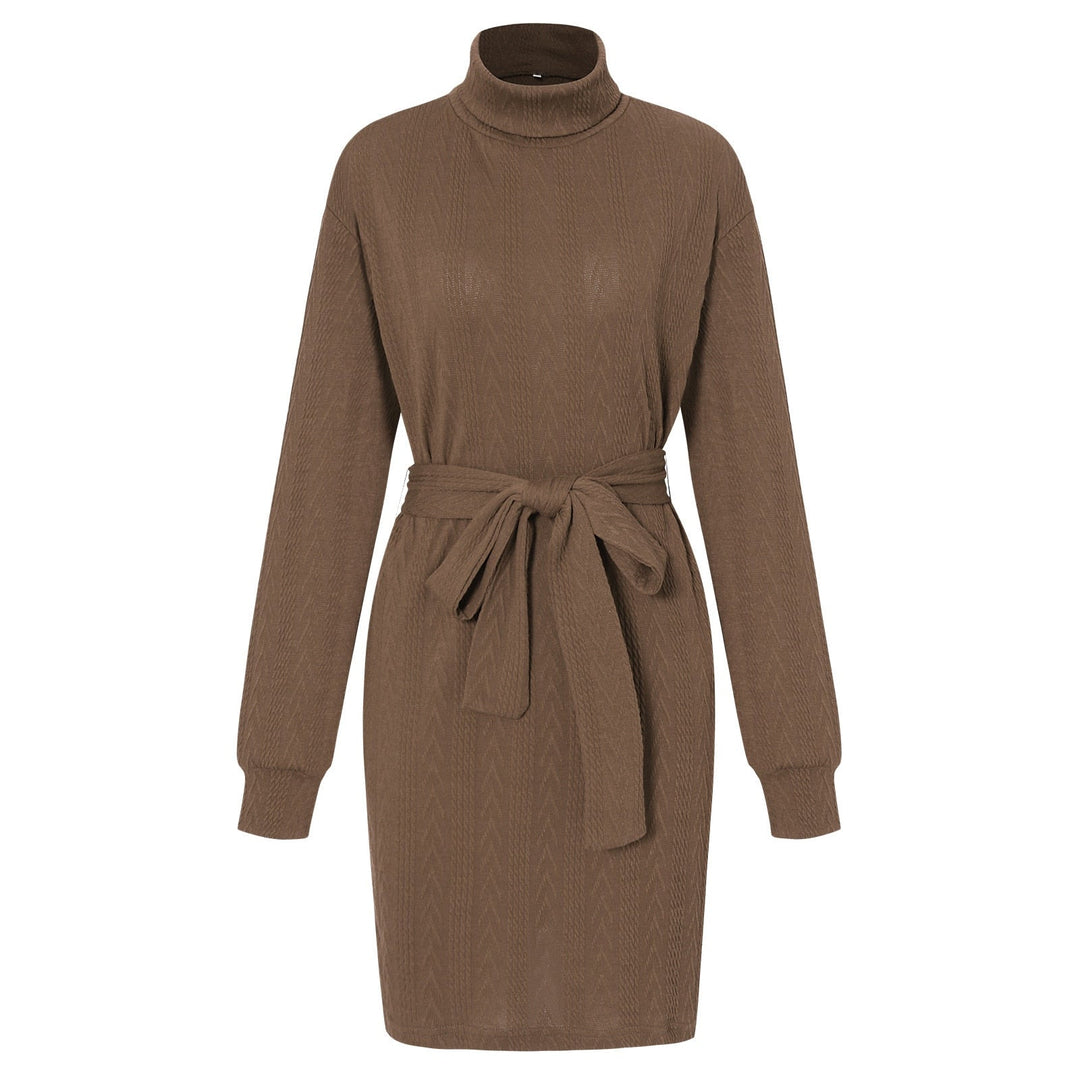 Slim Fit Rollkragen Mini Kleid mit langen Ärmeln | Taillierter Strick mit Gürtel
