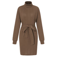 Slim Fit Rollkragen Mini Kleid mit langen Ärmeln | Taillierter Strick mit Gürtel