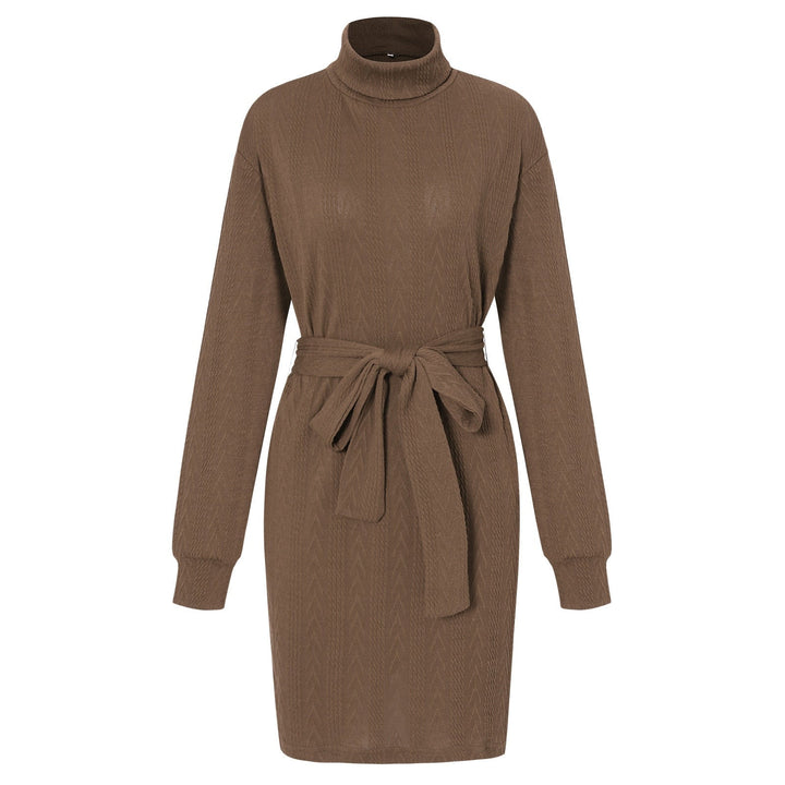 Slim Fit Rollkragen Mini Kleid mit langen Ärmeln | Taillierter Strick mit Gürtel