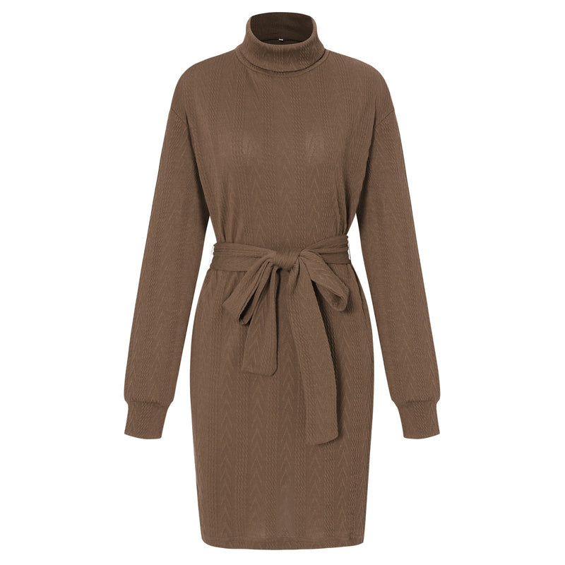 Slim Fit Rollkragen Mini Kleid mit langen Ärmeln | Taillierter Strick mit Gürtel