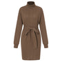 Slim Fit Rollkragen Mini Kleid mit langen Ärmeln | Taillierter Strick mit Gürtel
