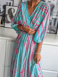 Geometrischer Print Boho Puffärmel V-Ausschnitt Kleid | Strandurlaub Kleidung