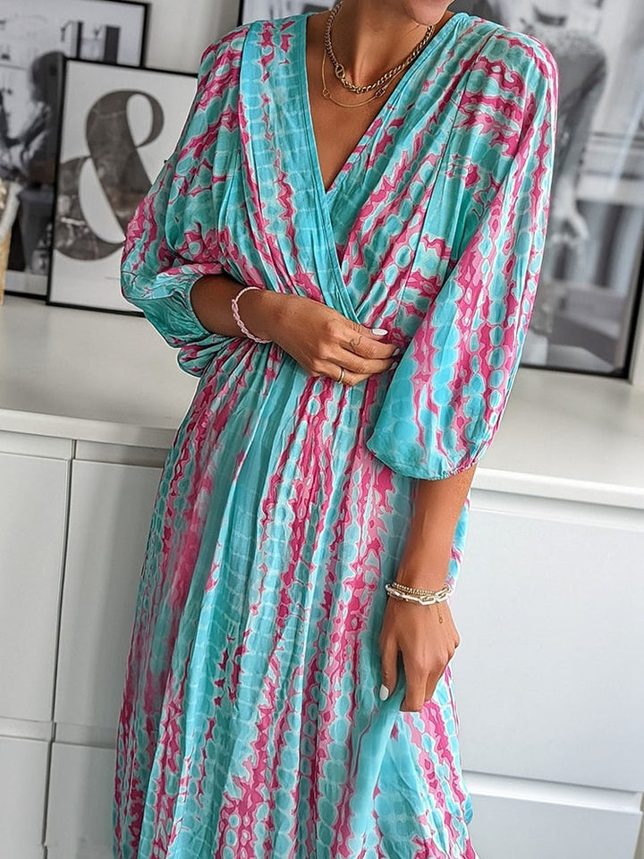 Geometrischer Print Boho Puffärmel V-Ausschnitt Kleid | Strandurlaub Kleidung