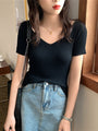 Sommer V-Ausschnitt Geripptes Slim Fit T-Shirt | Kurzarm Strickpullover