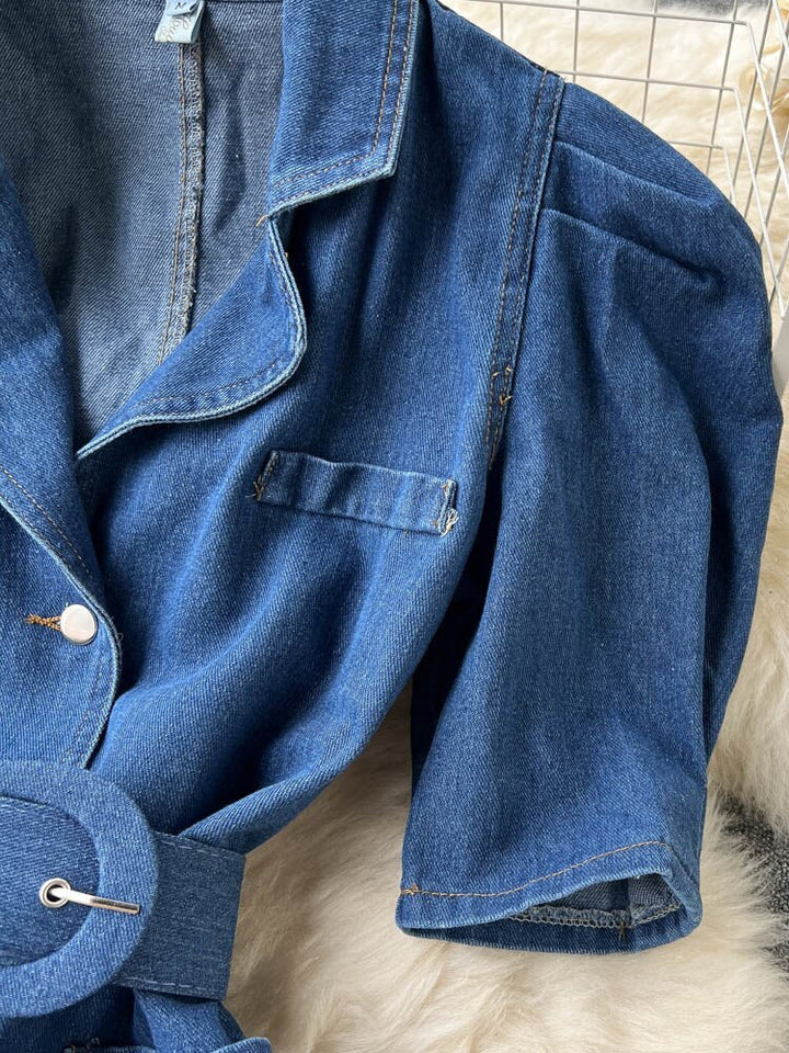 Retro Slim Fit Backless Denim Jurk | Bubbelmouwen Korte Mini Outfit