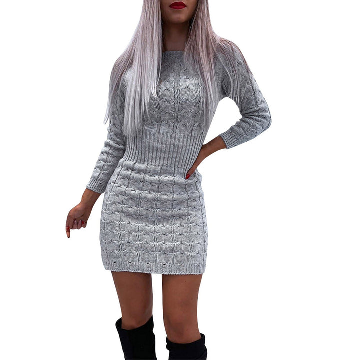 Gestricktes Kleid mit gedrehtem Muster und Taillenband | Herbst Winter Alltagskleidung