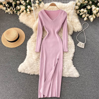 Herbst-Winter Hoher Schlitz Pullover Enges Elastisches Bodycon-Kleid | Langarm-Party-Kleid