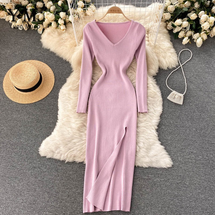 Herbst-Winter Hoher Schlitz Pullover Enges Elastisches Bodycon-Kleid | Langarm-Party-Kleid