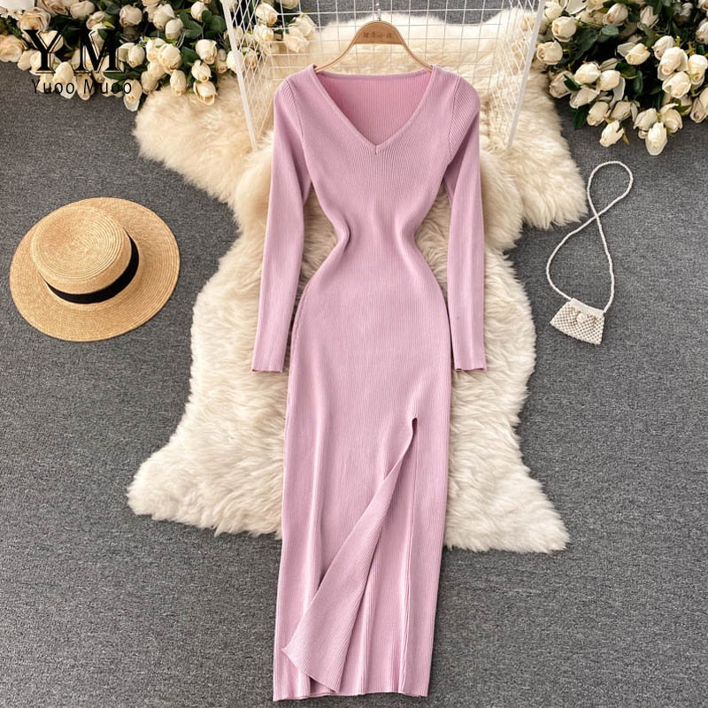 Herbst-Winter Hoher Schlitz Pullover Enges Elastisches Bodycon-Kleid | Langarm-Party-Kleid