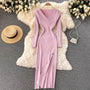 Herbst-Winter Hoher Schlitz Pullover Enges Elastisches Bodycon-Kleid | Langarm-Party-Kleid