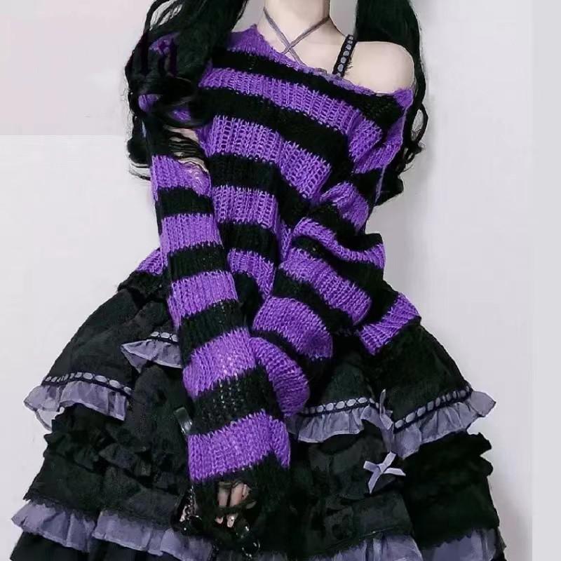 Karrram Pink Striped Gothic Sweaters