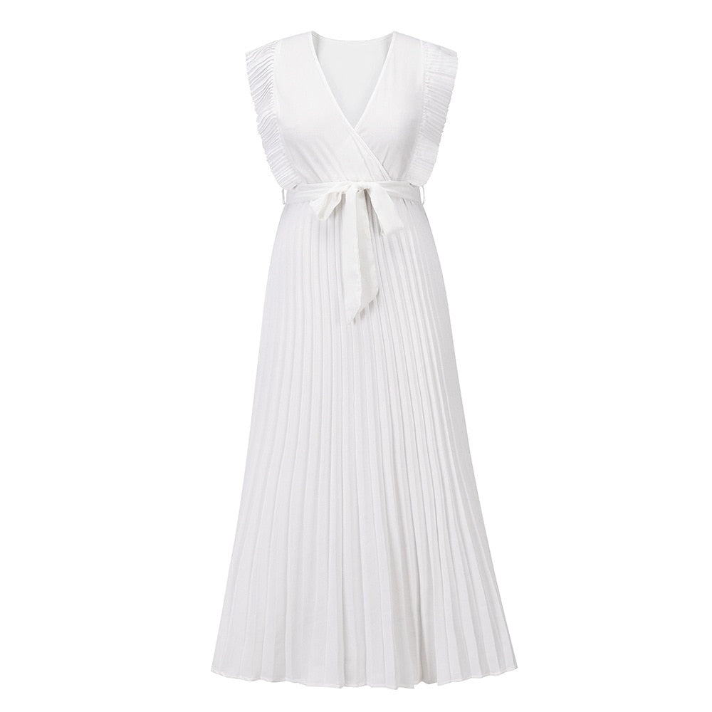 Elegante Mouwloze V-Hals Zomerjurk | Geplooide Chiffon Maxi met Riem