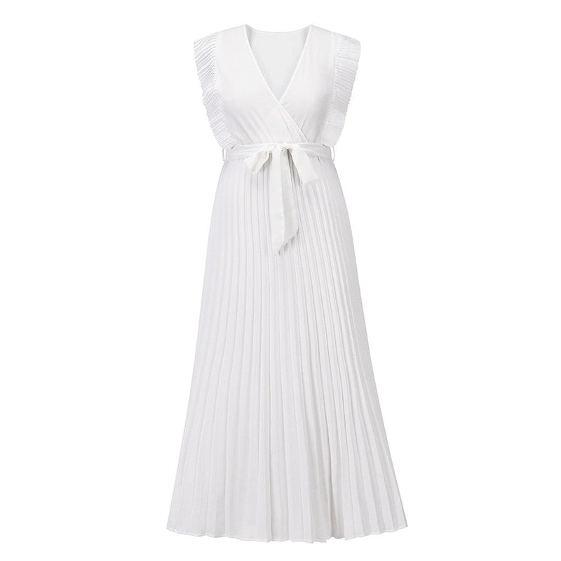 Elegante Mouwloze V-Hals Zomerjurk | Geplooide Chiffon Maxi met Riem