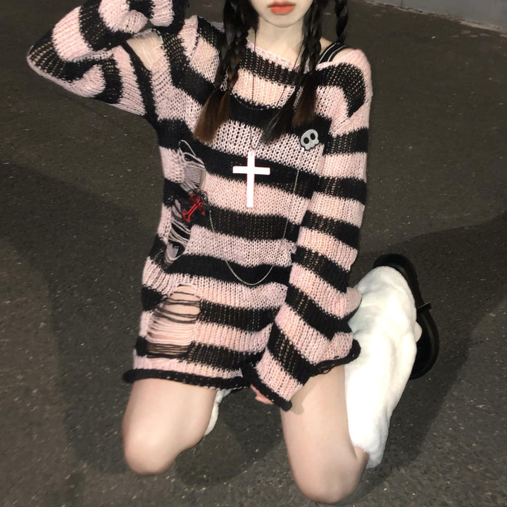 Karrram Pink Striped Gothic Sweaters