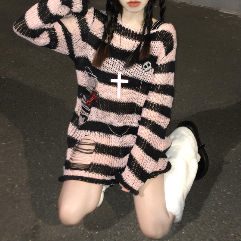 Karrram Pink Striped Gothic Sweaters