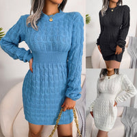 Herbst Laternenärmel Winter Sexy Pulloverkleid mit Rundhalsausschnitt | Hohe Taille, gestrickter enger Rock