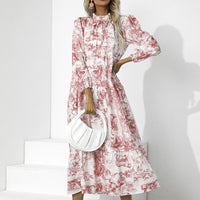 Elegante Losse Pasvorm Lange Mouw Bloemenprint Jurk | Herfst Feestkleding