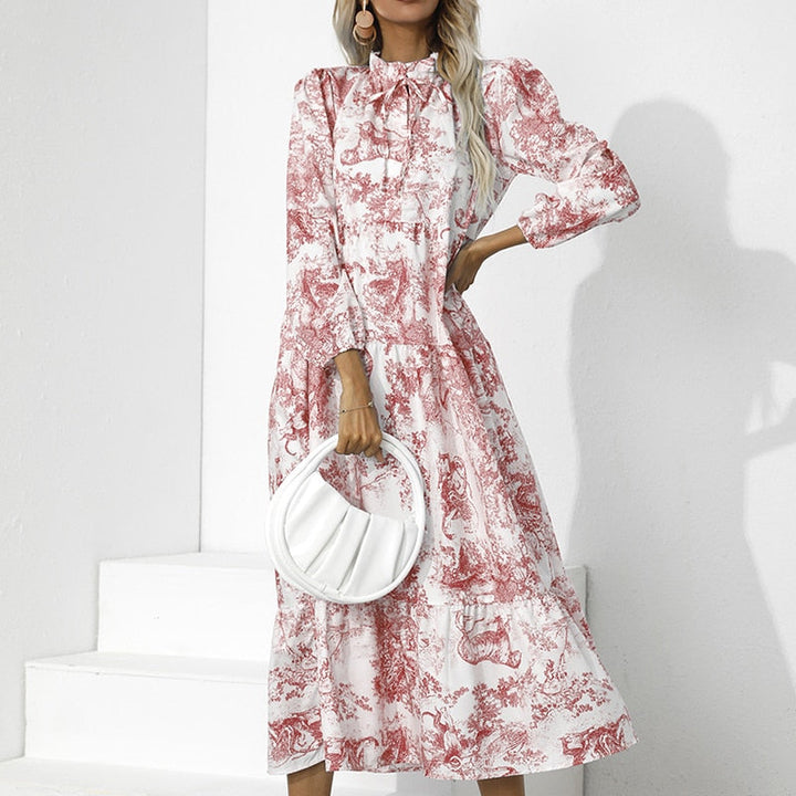 Elegante Losse Pasvorm Lange Mouw Bloemenprint Jurk | Herfst Feestkleding