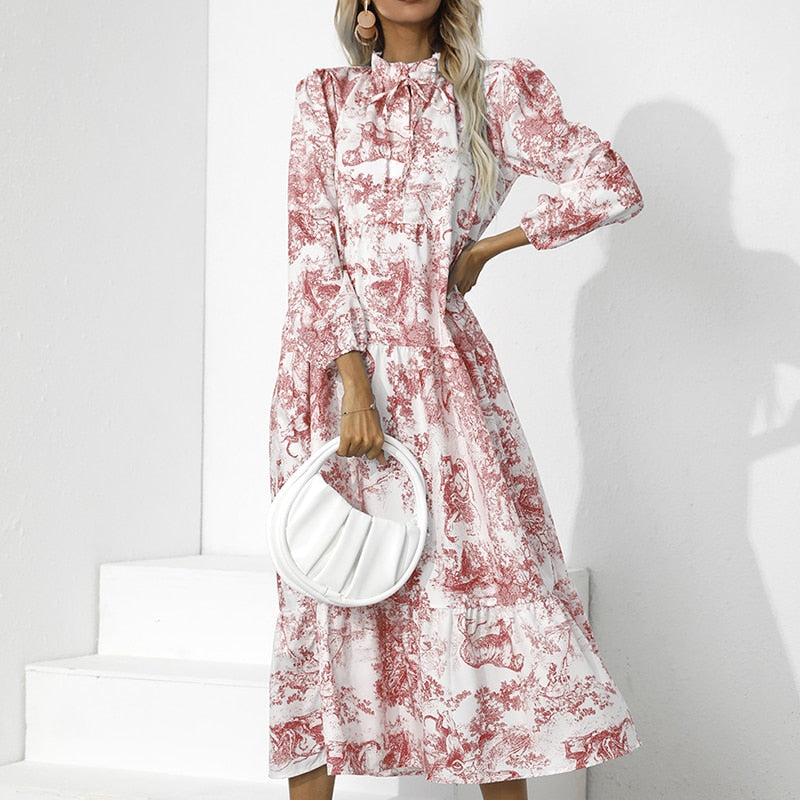 Elegante Losse Pasvorm Lange Mouw Bloemenprint Jurk | Herfst Feestkleding