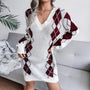 Herbst-Winter Trendiges Damen V-Ausschnitt Langarm Kariertes Pullover-Rock-Set
