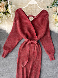 Gestrickte Kleider Herbst Winter Mode | Fledermausärmel V-Ausschnitt Midikleid