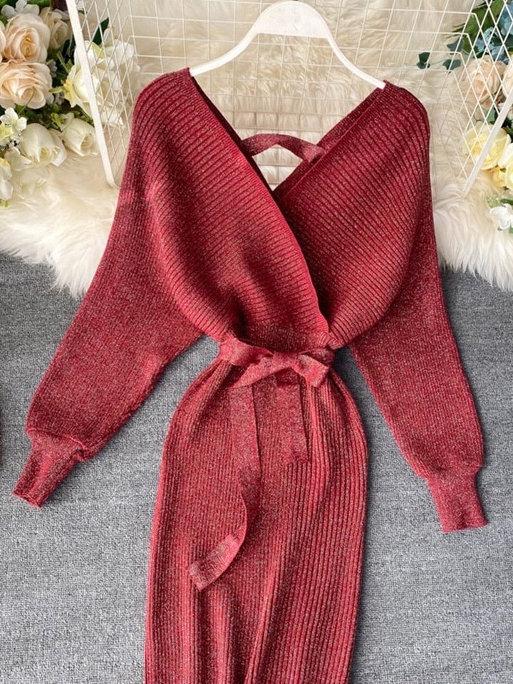Gestrickte Kleider Herbst Winter Mode | Fledermausärmel V-Ausschnitt Midikleid