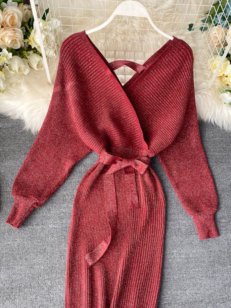 Gestrickte Kleider Herbst Winter Mode | Fledermausärmel V-Ausschnitt Midikleid