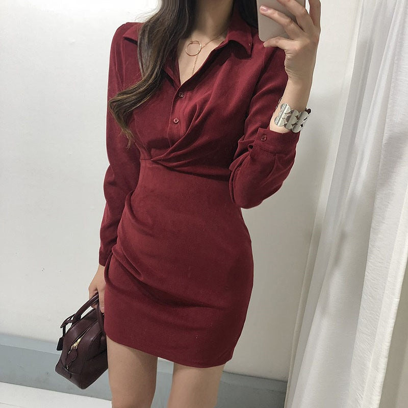 Schicke Umlegekragen Einreihige Bandkleid | Hohe Taille Falten Bodycon