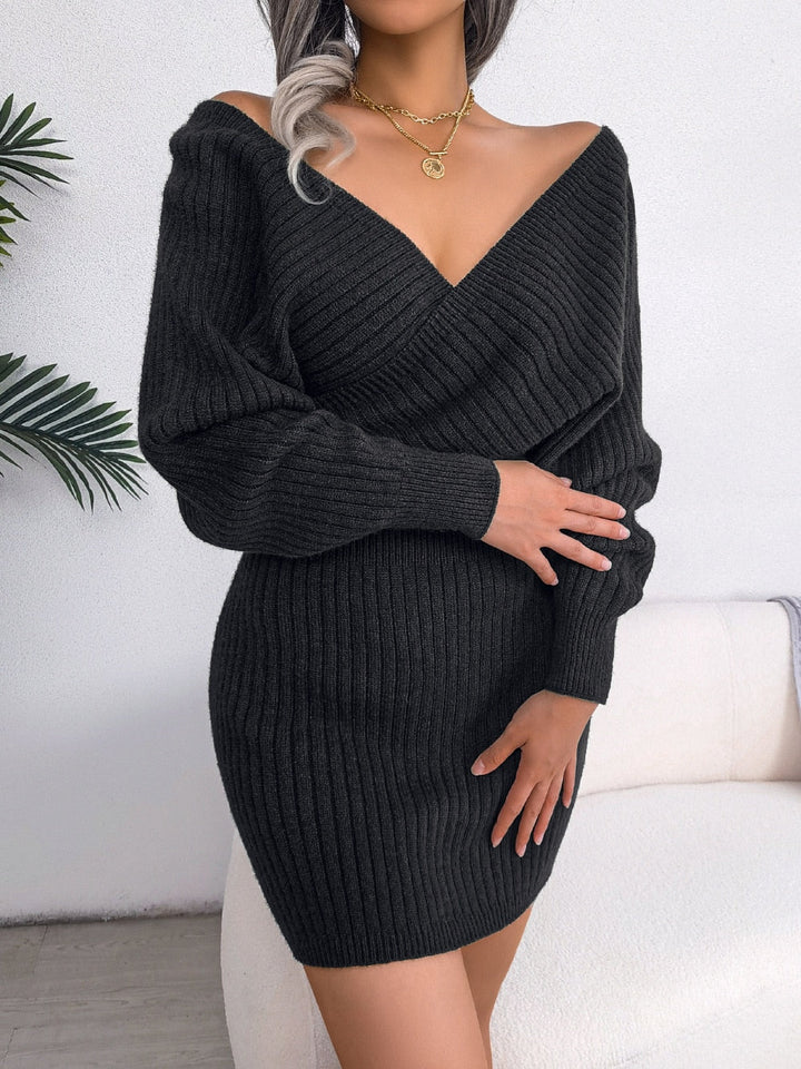 Hochwertiges Sommer Strickkleid | Langarm V-Ausschnitt Freizeitkleidung