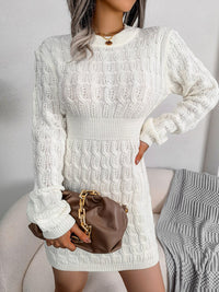 Herbst Laternenärmel Winter Sexy Pulloverkleid mit Rundhalsausschnitt | Hohe Taille, gestrickter enger Rock