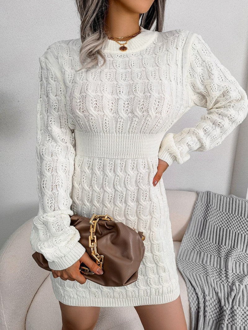 Herbst Laternenärmel Winter Sexy Pulloverkleid mit Rundhalsausschnitt | Hohe Taille, gestrickter enger Rock