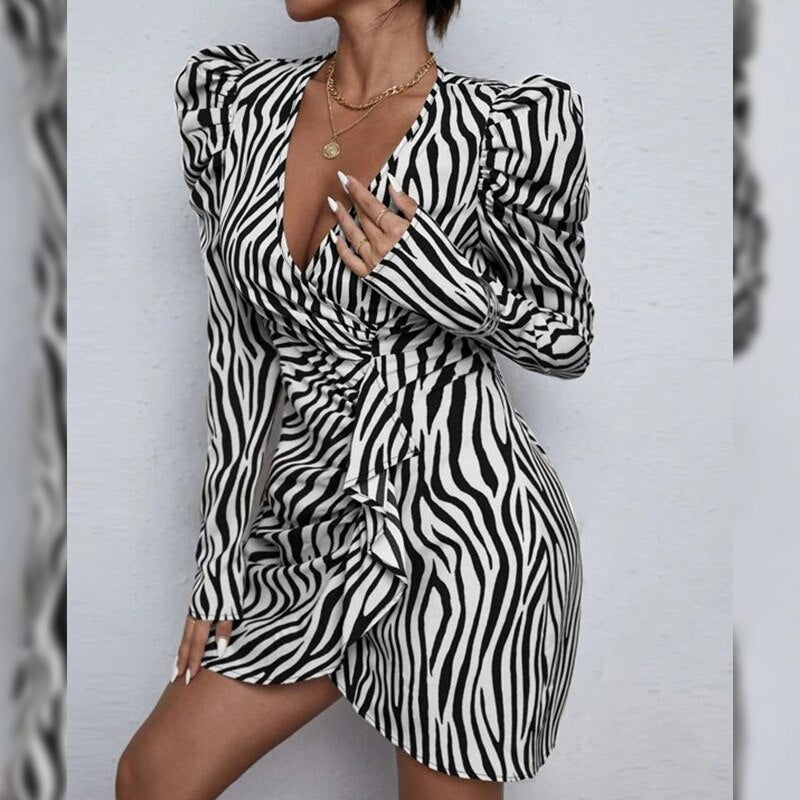 Elegante V-Hals Kantoorjurk | Gestreepte Lange Mouwen Minirok